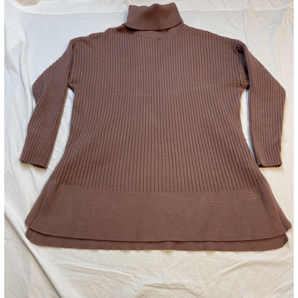 Anrabess Sweater Womens Small‎ Brown Ribbed Turtleneck Pullover Tunic Side Slits